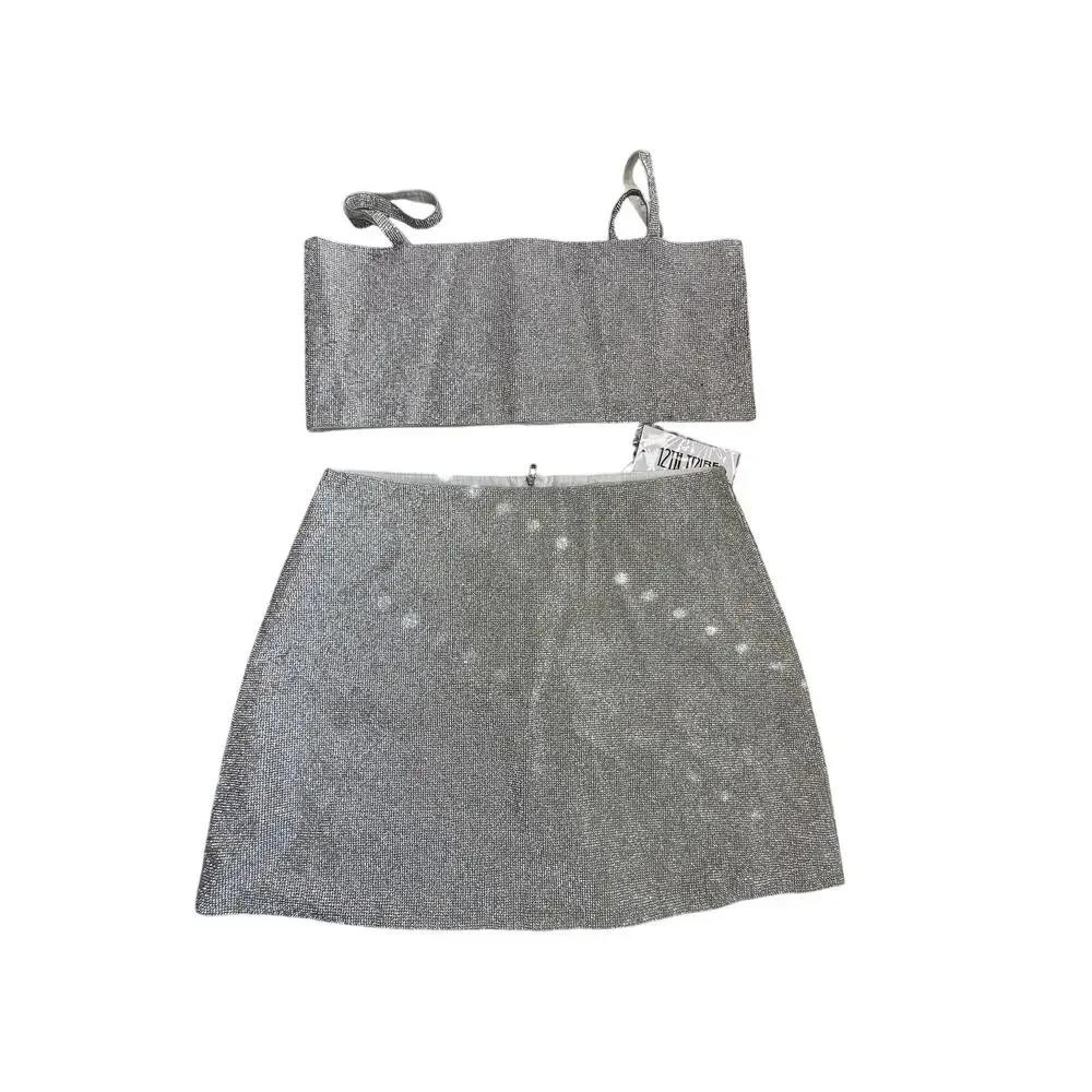 12TH TRIBE Shira Silver Rhinestone Crop Top Mini Skirt Set